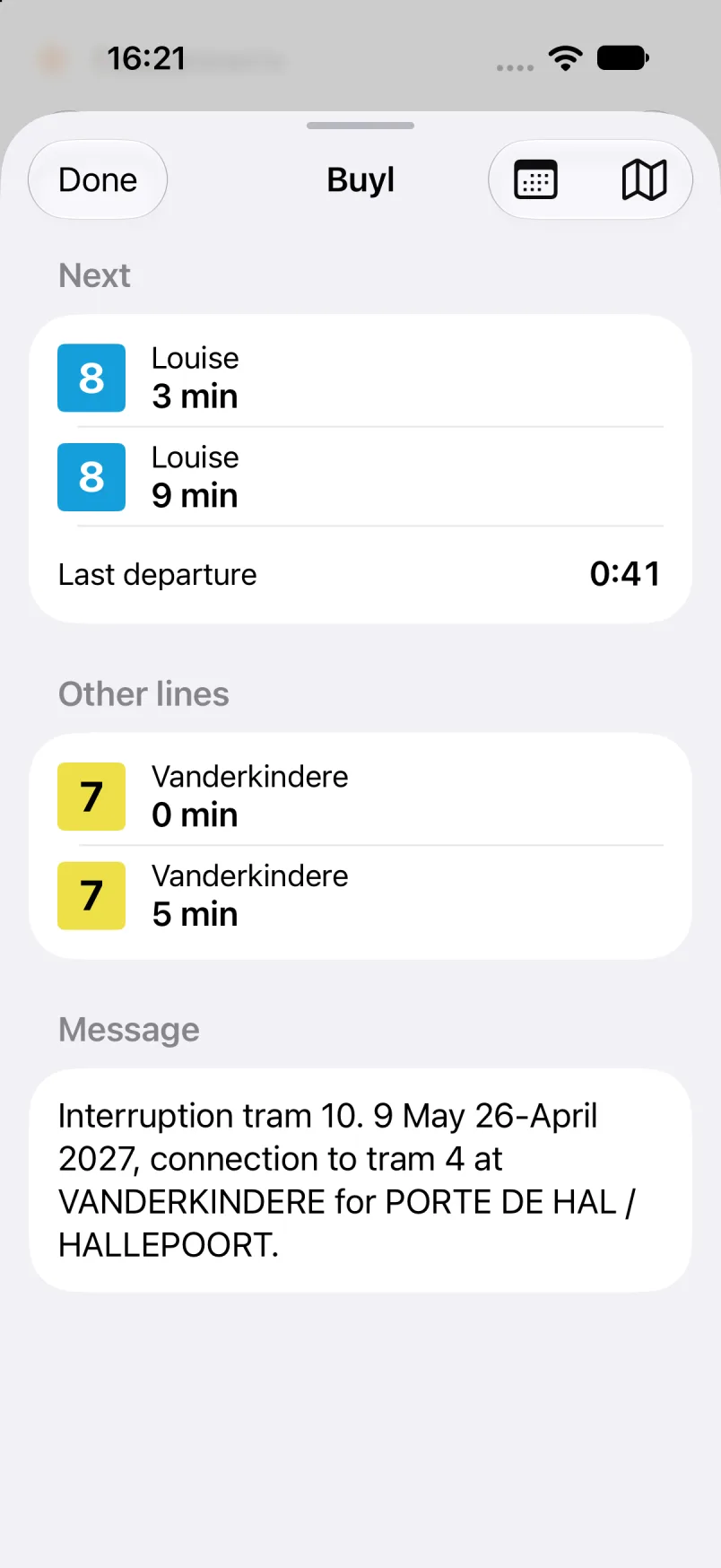 L’arrêt Buyl, avec ses prochains passages, le dernier de la nuit et un message de service
